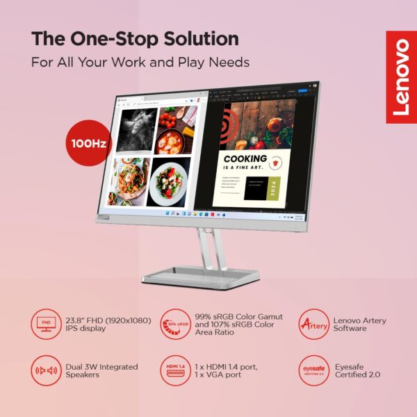 Lenovo L24I-4A 23.8 Inch Ultra Thin IPS Monitor, 100 Hz , 1ms MPRT, 3W speakers - Image 2