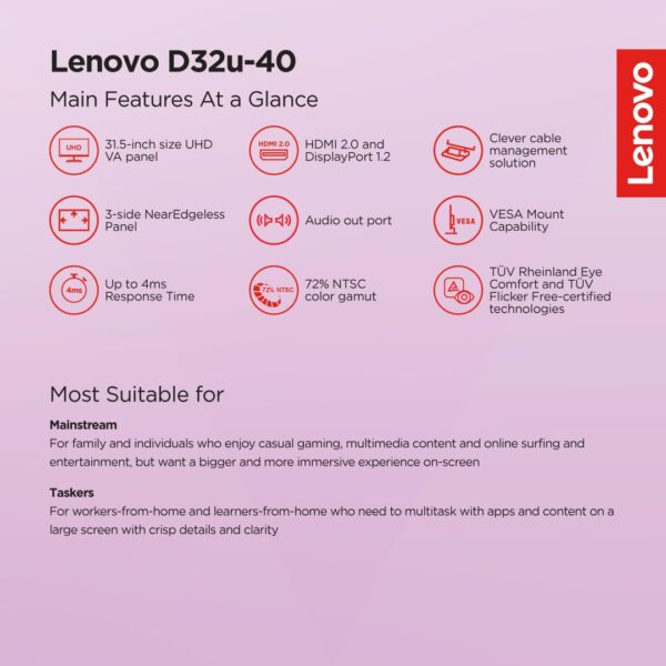 Lenovo D32-40 31.5 VA 60HZ HDMI FHD Monitor, 99%sRGB, 4ms Response Time - Image 3