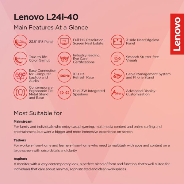 Lenovo L24I-4A 23.8 Inch Ultra Thin IPS Monitor, 100 Hz , 1ms MPRT, 3W speakers - Image 4