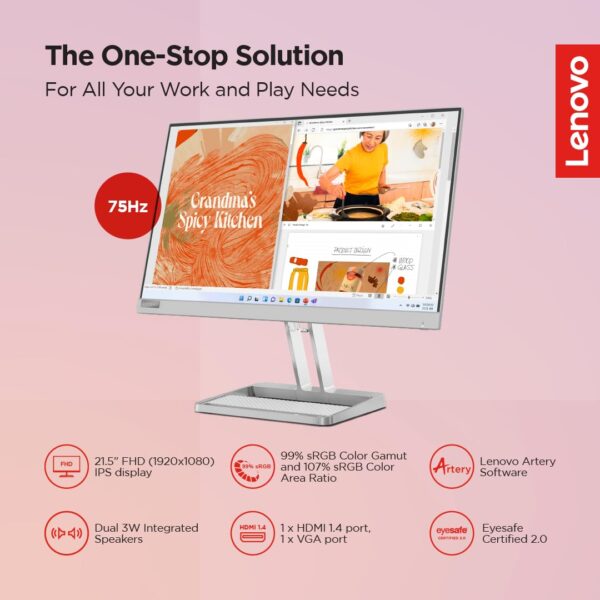 Lenovo L22I-40, 21.5 inch FHD IPS Ultraslim  display, Cloud Grey, 75Hz ,  AMD FreeSync, 2 x 3W speakers - Image 5