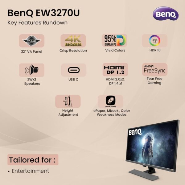 BenQ EW3270U 32-Inch 4K UHD VA Monitor with HDR10, USB-C, TreVolo Speakers & Eye-Care Technology – Bezel-Less Design, Black - Image 11