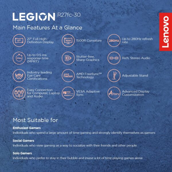 Lenovo Legion R27fc-30 27 Inch FHD 240Hz Gaming Monitor, 0.5ms, AMD FreeSync & NVDIA G-Sync , Speaker, 2xHDMI, 1xDP, 99%sRGB, Black - Image 3