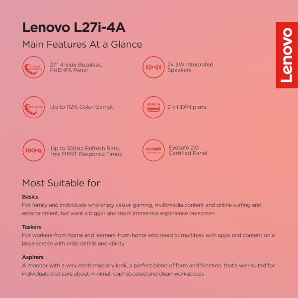 Lenovo L27I-4A 27 Ultra Thin IPS Monitor, 99%sRGB, 100Hz, 2×HDMI 1×VGA Ports, 2×3 Watts Speaker, 3 Year Warranty - Image 4