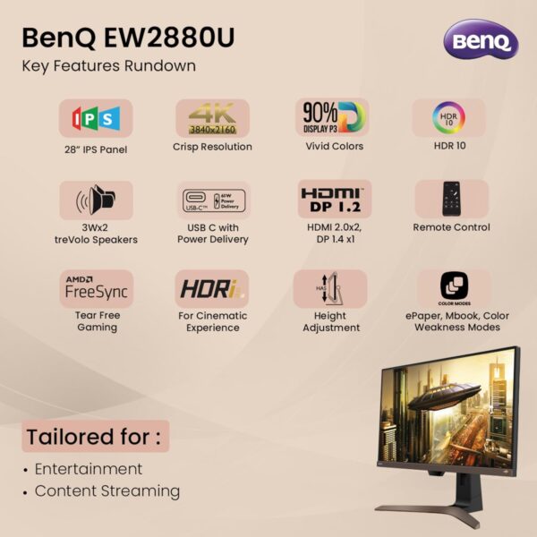 BenQ EW2880U 28-Inch 4K UHD IPS Monitor with HDR10, USB-C 60W PD, TreVolo Speakers & Remote – Bezel-Less Design with Eye-Care Tech, Black - Image 4