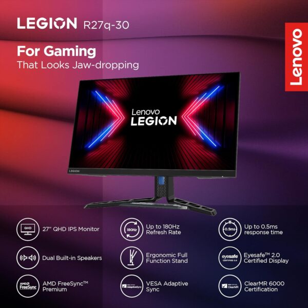 Lenovo R27Q-30 27'' IPS Black 165HZ  2K QHD Gaming Monitor, 0.5ms, AMD FreeSync, 90% DCI-P3, 2xHDMI, 1xDP, 99%sRGB, 3Wx2 Speaker - Image 6