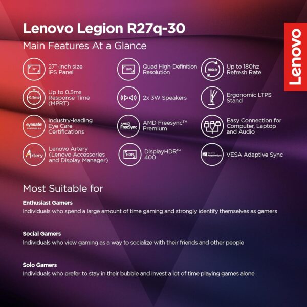 Lenovo R27Q-30 27'' IPS Black 165HZ  2K QHD Gaming Monitor, 0.5ms, AMD FreeSync, 90% DCI-P3, 2xHDMI, 1xDP, 99%sRGB, 3Wx2 Speaker - Image 4