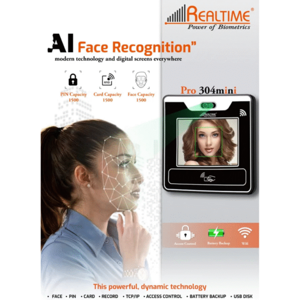 Realtime  PRO 304F MINI WIFI Biometric Attendance Long Range Face Recognition, Touch Screen, 3.5" Color Display, Cloud - Image 2